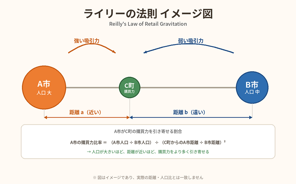 ライリーの法則 イメージ図(A市・B市・中間C町の関係)
